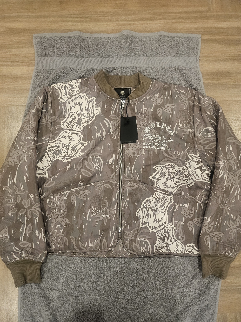 Darc Sport Taupe Graphic Bomber Jacket with White Wolf Motif